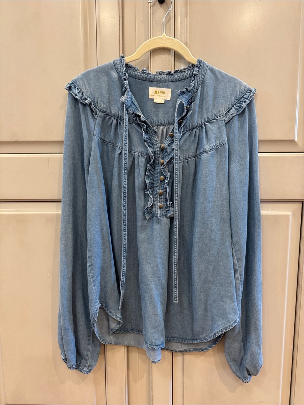 Maeve Light Blue Ruffle-Trim Chambray Peasant Blouse